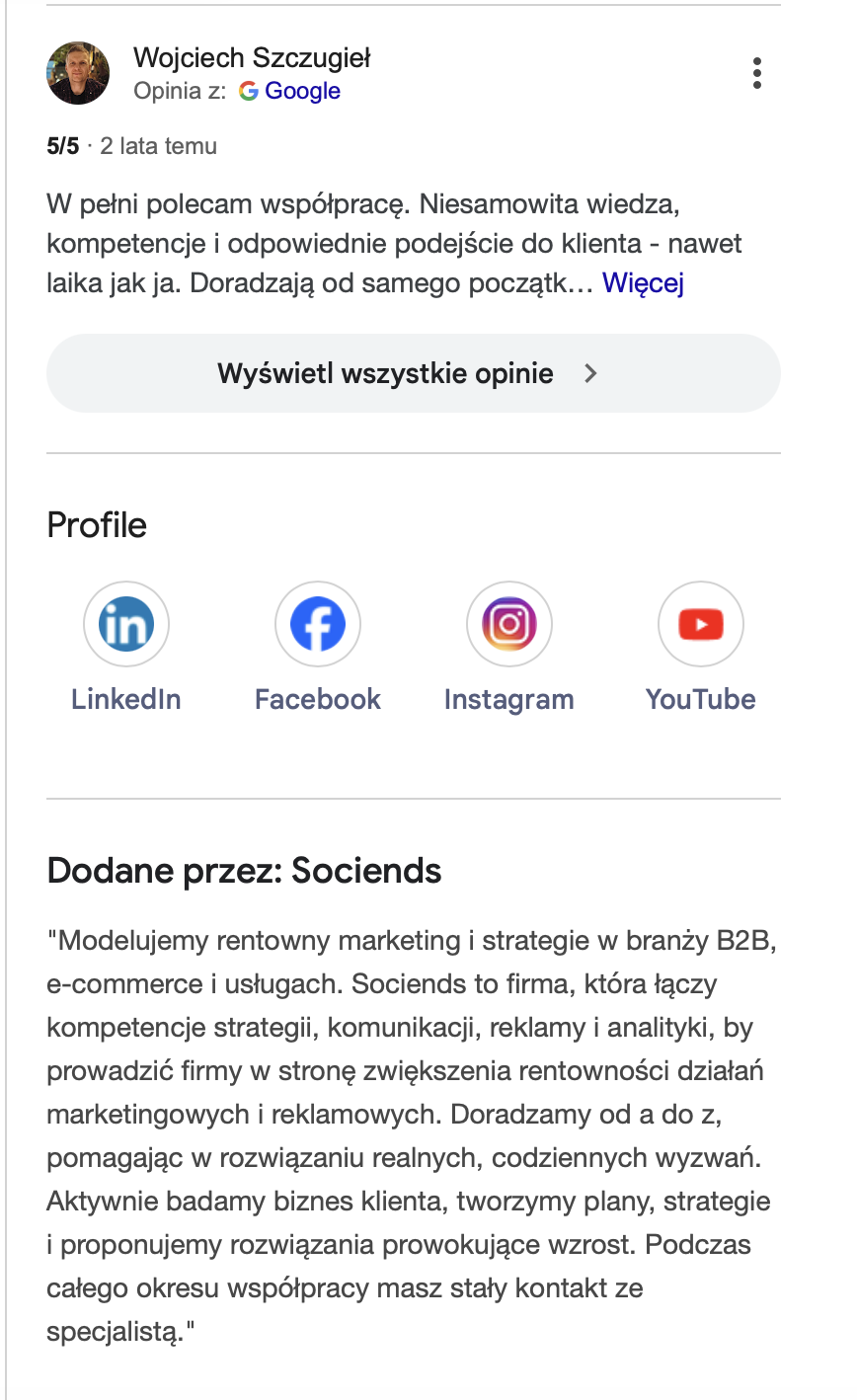 Pozycjonowanie Sociends Wizytówka Google Opinie